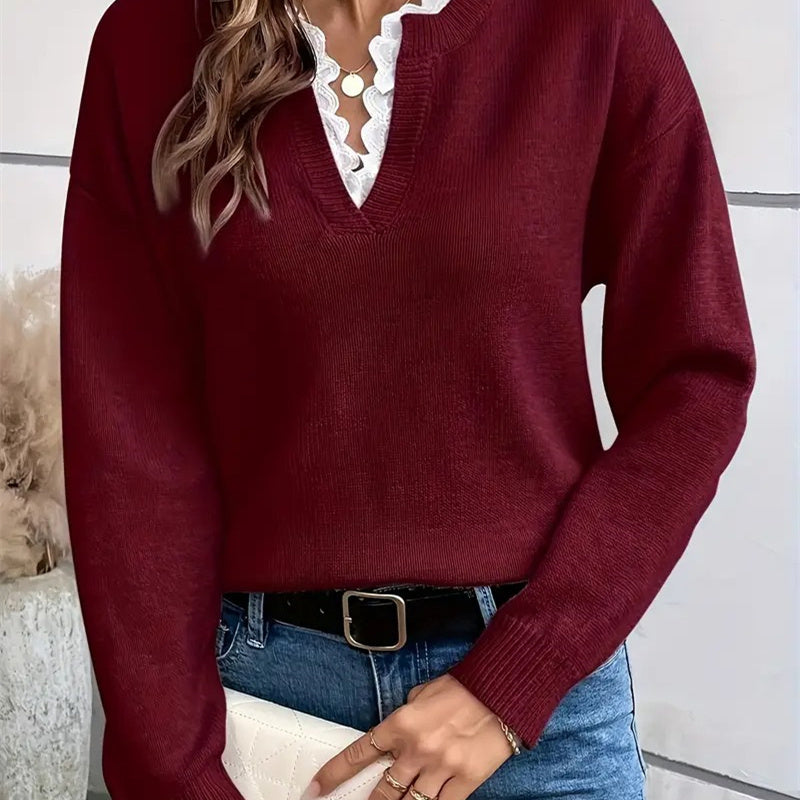Eleganter Spitzen V-Ausschnitt Pullover – Bysuited.