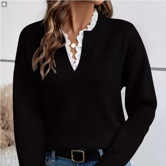Eleganter Spitzen V-Ausschnitt Pullover – Bysuited.